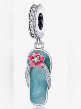 Silver & Teal Flip-Flop Dangle Charm with Pink Flower